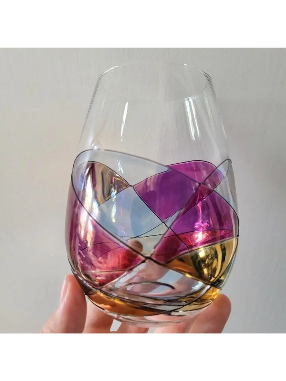 Cornet Barcelona Sagrada Handpainted Stemless Wine Glass Multicolor Geometric